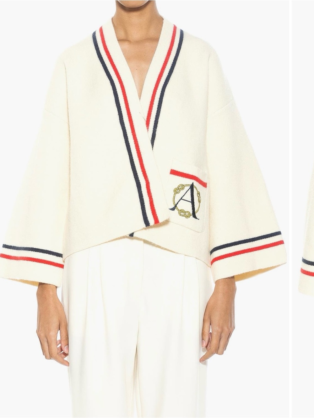 Alexia Admor Gabbi Cream pocketed- open front cardigan with Navy & Red Trim